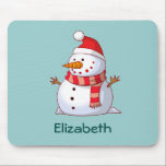 Personalised Cute Christmas Snowman Dressed in Red Mouse Pad<br><div class="desc">A cute Christmas snowman who is kind of chubby and jolly wearing a red striped scarf and a red christmas hat. Festive and fun. Personalise with a name.</div>