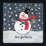 Personalised Cute Christmas Snowman Square Wall Clock<br><div class="desc">This cute Christmas snowman snow scene is printed from a collage designed by Helen McCartney Designs.</div>