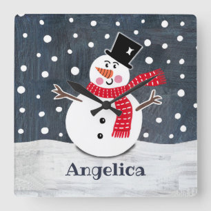 Personalised Cute Christmas Snowman Square Wall Clock
