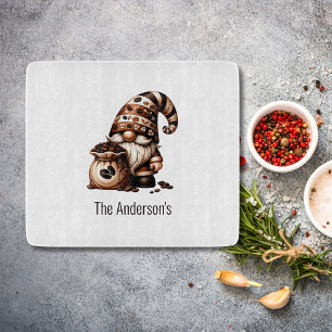 Personalised Cute Coffee Gnome Brown White Gift Cutting Board