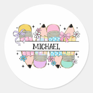 Personalised Cute Colourful Pencil - Back To Schoo Classic Round Sticker