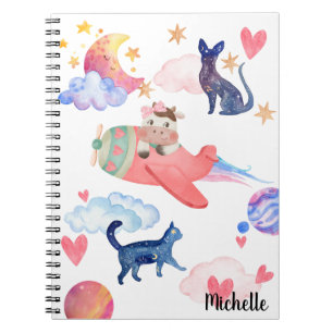 Personalised Cute Cow Space Cats Moon Whimsical Notebook