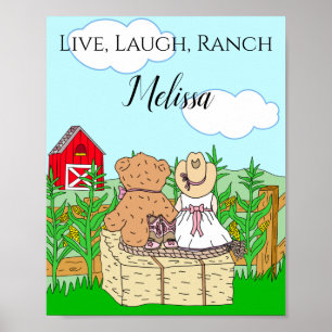 Personalised Cute Cowgirl and Teddy Bear on Ranch Poster
