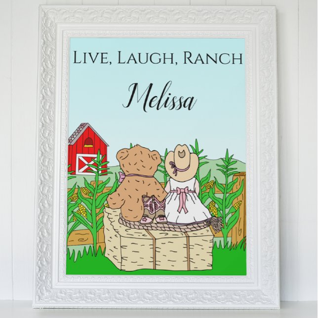 Personalised Cute Cowgirl and Teddy Bear on Ranch Poster (Creator Uploaded)