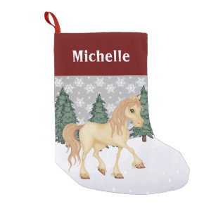 Personalised Cute Cream Horse Winter Scene Small Christmas Stocking