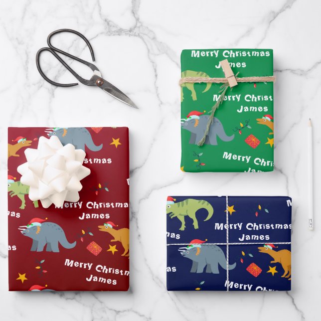 Personalised Cute Dinosaur Santa Merry Christmas Wrapping Paper Sheet (Front)