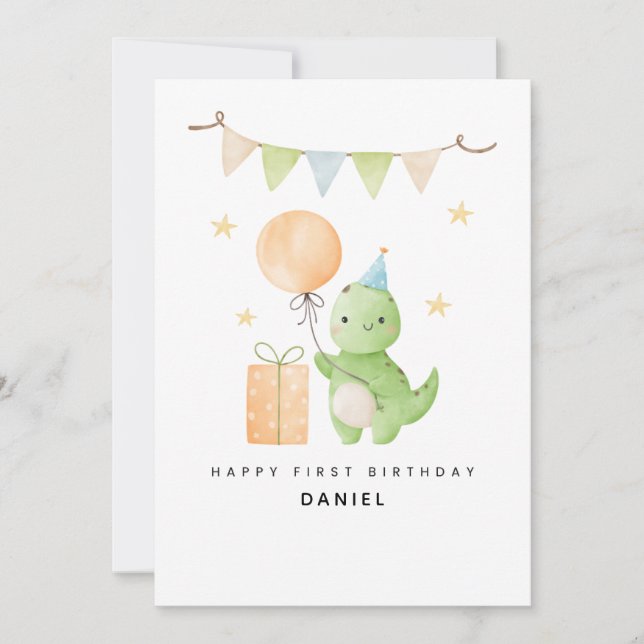 Personalised Cute Dinosaur Watercolor 1st Birthday Card (Front)