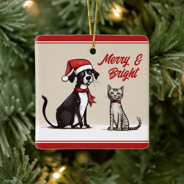 Personalised Cute Dog and Cat Christmas Ceramic Ornament (Tree)