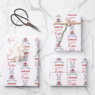 Personalised Cute Easter Rabbit Red Easter Egg Wrapping Paper Sheet
