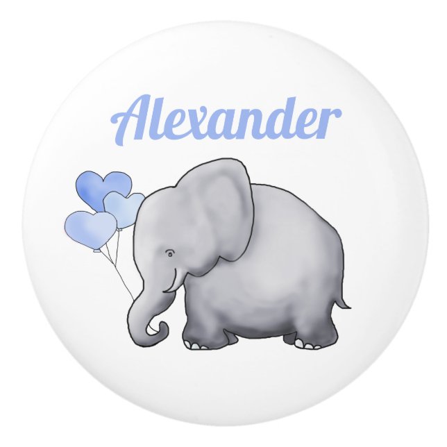 Personalised Cute Elephant Baby Boy Nursery Ceramic Knob (Front)
