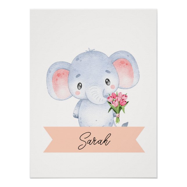 Personalised cute elephant Nursery Poster (Front)