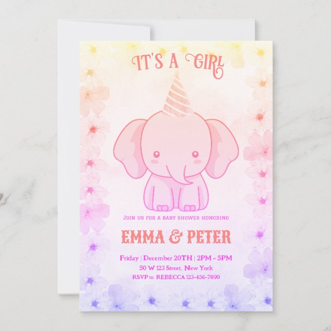 Personalised Cute Elephant Pink Baby Shower Invitation (Front)