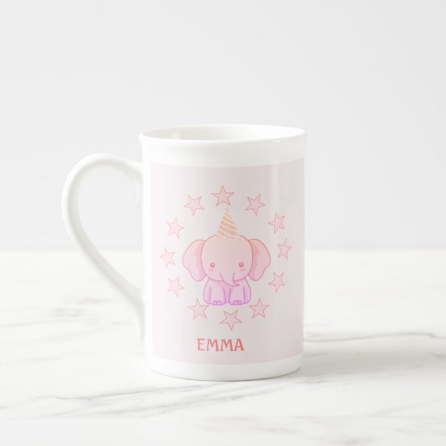 Personalised Cute Elephant Pink  Bone China Mug (Left)