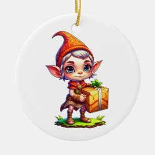Personalised Cute  Elf Holding a Gift Christmas Ceramic Tree Decoration