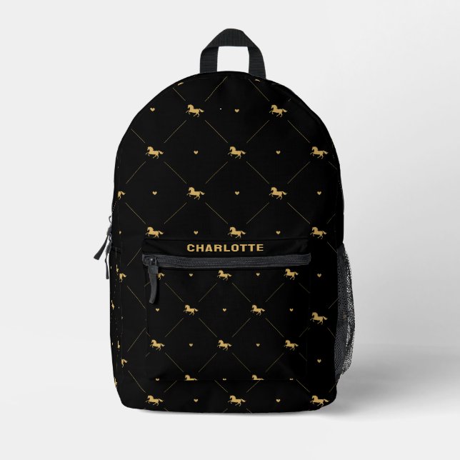 Personalised Cute Equestrian Horse Pattern Black Printed Backpack (Front)