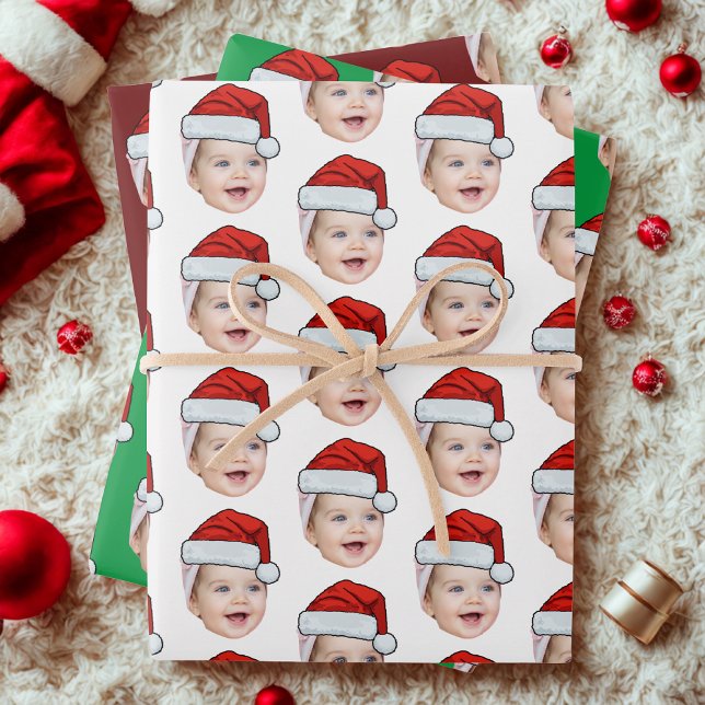 Personalised Cute Face Photo Santa Hat Christmas Wrapping Paper Sheet (Creator Uploaded)