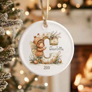 Personalised Cute Fairy Christmas Initial Keepsake Ceramic Tree Decoration