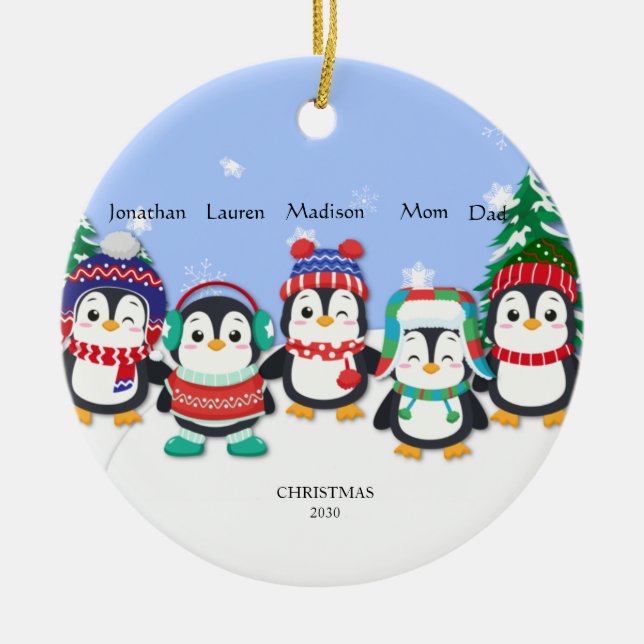 Personalised Cute  Five Penguin  Snow Scene   Ceramic Tree Decoration (Front)