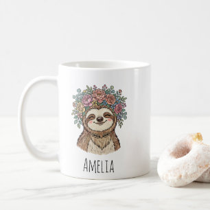 Personalised Cute Floral Sloth with Flower Crown Coffee Mug