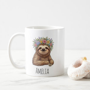Personalised Cute Floral Sloth with Flower Crown Coffee Mug