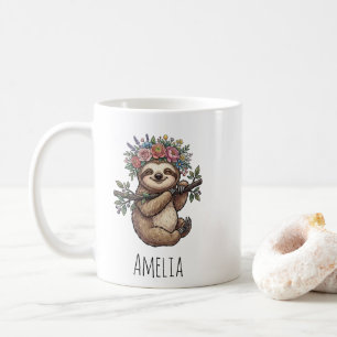 Personalised Cute Floral Sloth with Flower Crown Coffee Mug