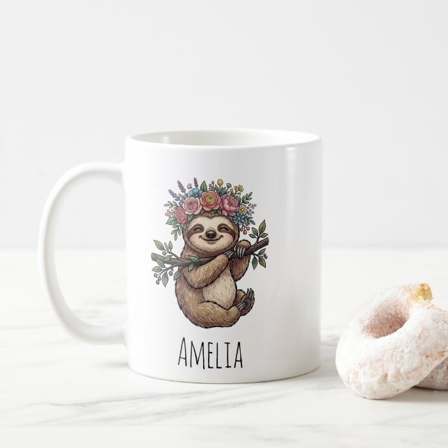 Personalised Cute Floral Sloth with Flower Crown   Coffee Mug (With Donut)