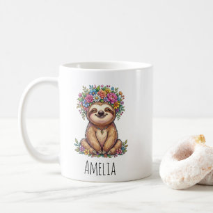 Personalised Cute Floral Sloth with Flower Crown Coffee Mug