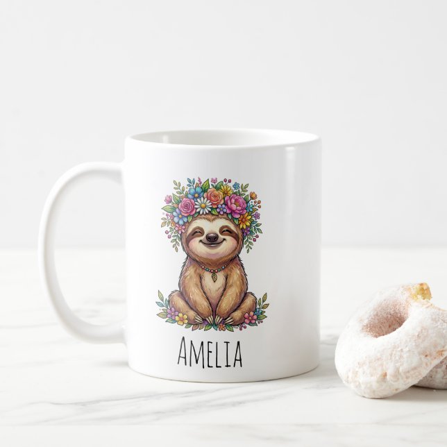 Personalised Cute Floral Sloth with Flower Crown   Coffee Mug (With Donut)