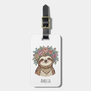Personalised Cute Floral Sloth with Flower Crown   Luggage Tag