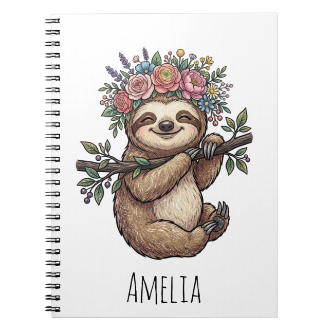 Personalised Cute Floral Sloth with Flower Crown   Notebook (Front)