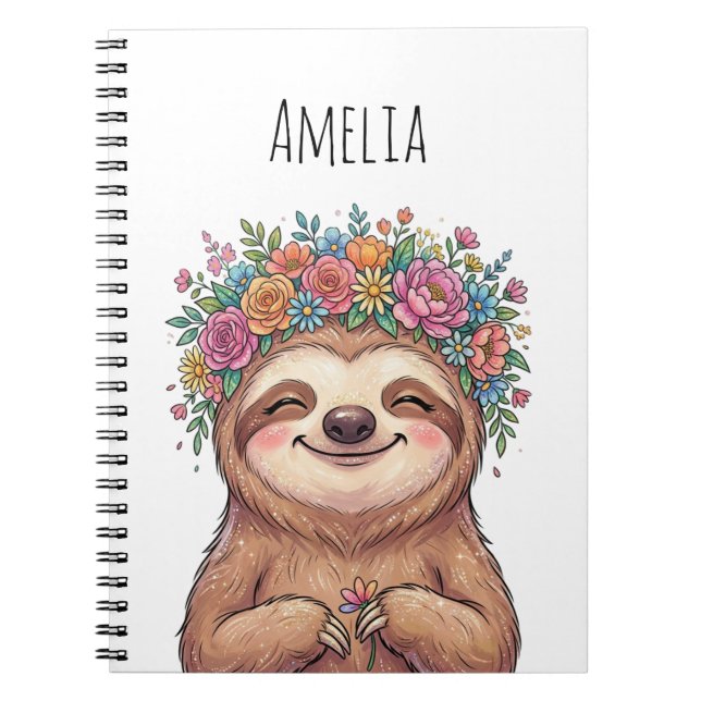 Personalised Cute Floral Sloth with Flower Crown   Notebook (Front)