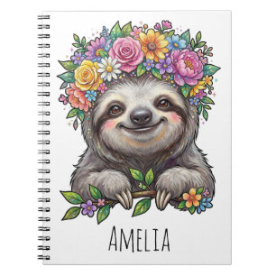 Personalised Cute Floral Sloth with Flower Crown Notebook