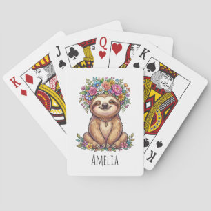 Personalised Cute Floral Sloth with Flower Crown Playing Cards