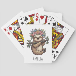 Personalised Cute Floral Sloth with Flower Crown Playing Cards