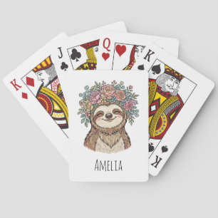 Personalised Cute Floral Sloth with Flower Crown Playing Cards