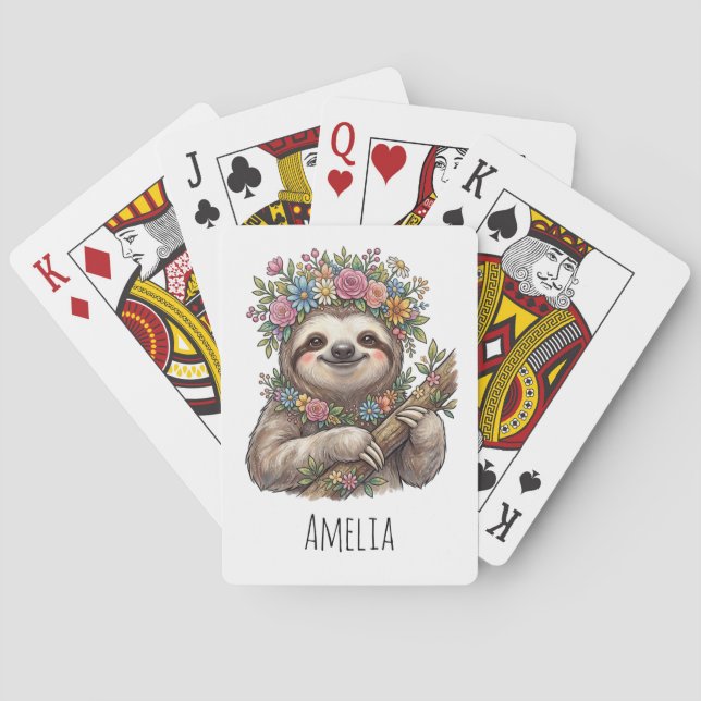 Personalised Cute Floral Sloth with Flower Crown   Playing Cards (Back)