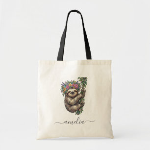Personalised Cute Floral Sloth with Flower Crown   Tote Bag