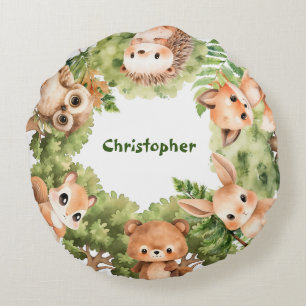 Personalised Cute Forest Animals Watercolor Art Round Cushion