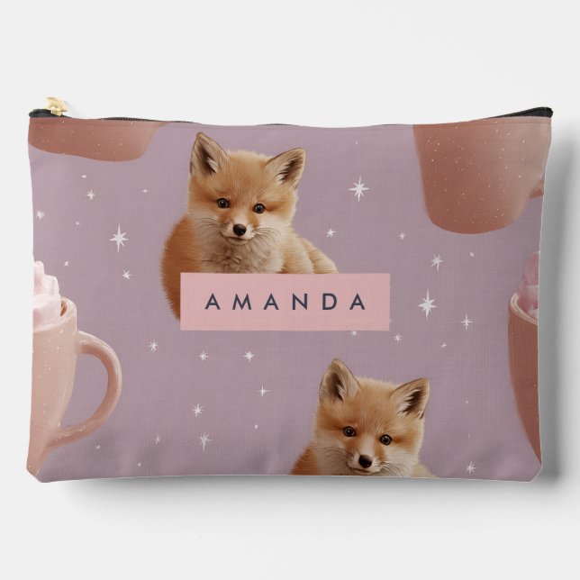 Personalised Cute Fox and Hot Cocoa Pattern Accessory Pouch (Front)