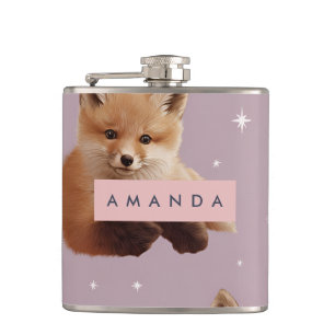 Personalised Cute Fox and Hot Cocoa Pattern Hip Flask