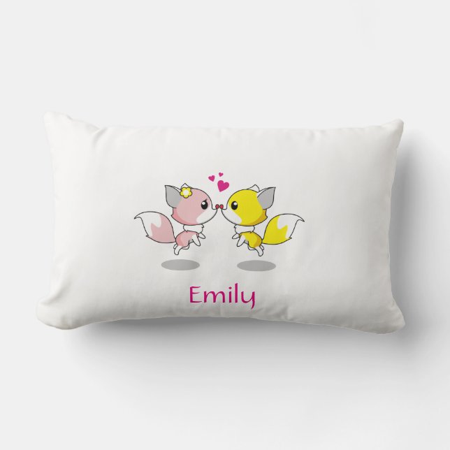 Personalised Cute Fox in Yellow & Pink with Heart Lumbar Cushion (Front)
