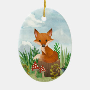 Personalised Cute Fox on Tree Stump Christmas Ceramic Tree Decoration