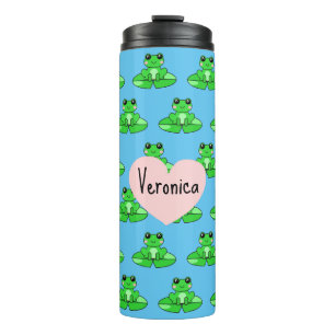 Personalised Cute Frog   Name in Heart Thermal Tumbler