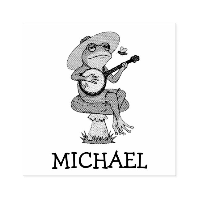 Personalised Cute Frog Playing Banjo on Mushroom Rubber Stamp (Imprint)