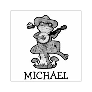 Personalised Cute Frog Playing Banjo on Mushroom Rubber Stamp