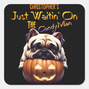 Personalised Cute Funny Halloween Pug Puppy Candy Square Sticker