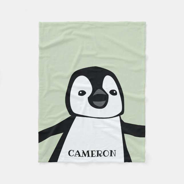 Personalised Cute Funny Penguin Baby Green Fleece Blanket (Front)