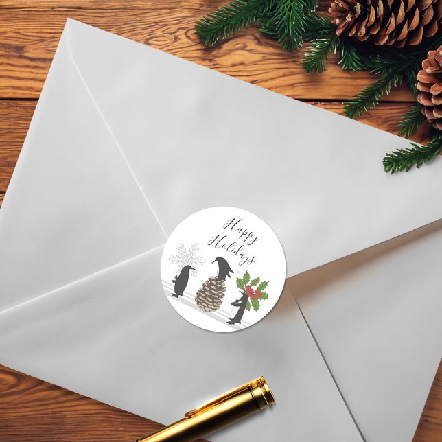 Personalised Cute Funny Penguins Christmas Classic Round Sticker (Creator Uploaded)