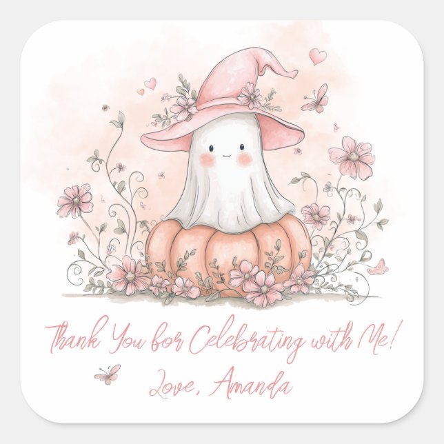 Personalised Cute Ghost Birthday Thank You Square Sticker (Front)