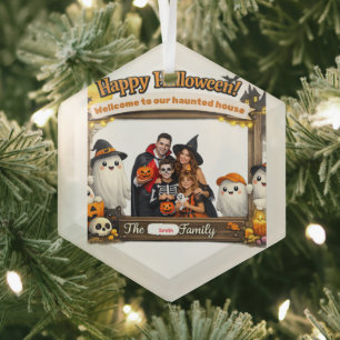 Personalised Cute Ghost Family Halloween Photo Fra Glass Tree Decoration